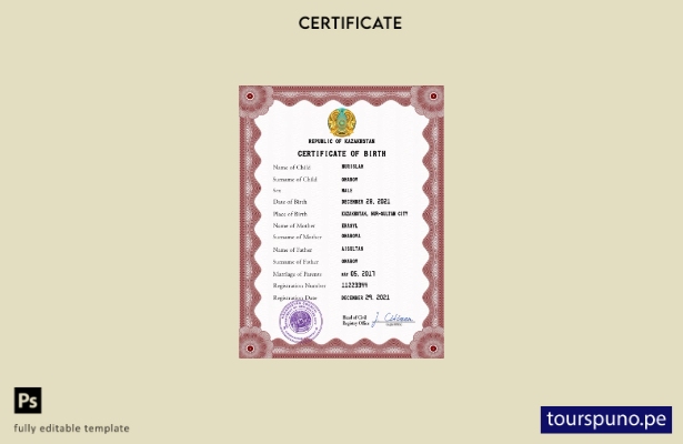 listo para imprimir plantilla PSD de certificado de nacimiento de Kazajstán, pla